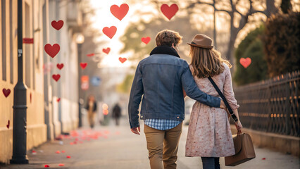 A romantic couple walks arm-in-arm down a city street adorned with floating hearts, capturing the essence of love and Valentine’s Day romance.
