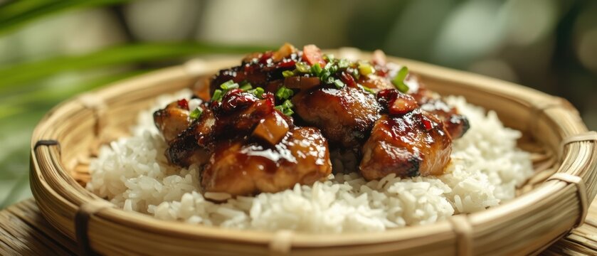 Filipino adobo chicken with rice garlic and rich sauce on bamboo plate
