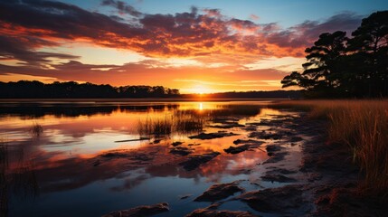 A serene sunset over a calm lake, reflecting vibrant colors and surrounding nature.