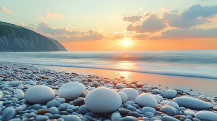 A beach with a large body of water and a large rock field