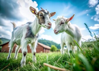 Fototapeta premium Playful Goats in Pasture - Tilt-Shift Photography of Friendly Rivalry and Nature Interaction