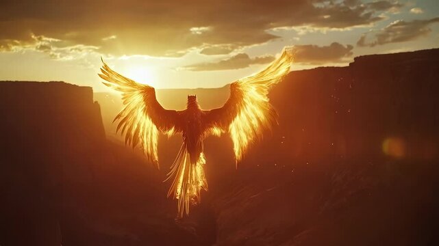 A fiery bird phoenix flies over a mountain valley, flames trailing from its wings as it gazes over the vast. The sun sets in the background, casting long shadows over the jagged cliffs.
