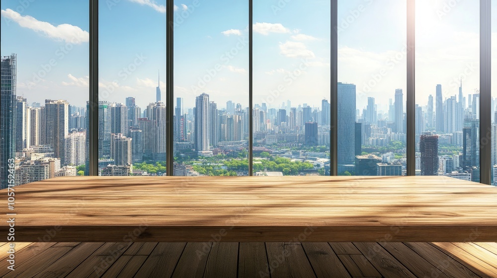 Poster an empty wooden table offers a perfect setting for showcasing your product with a city view visible 