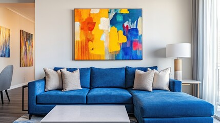 A contemporary living room corner featuring a blue sofa and a vibrant abstract artwork displayed on the wall