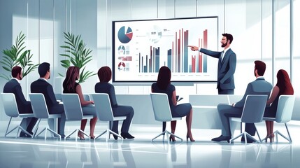 Vector illustration of a business leader standing in a modern office, presenting performance data and analytics on a screen while a focused team listens attentively