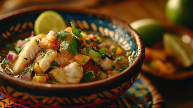 Peruvian ceviche with fresh fish lime cilantro and vibrant garnishes in decorative bowl