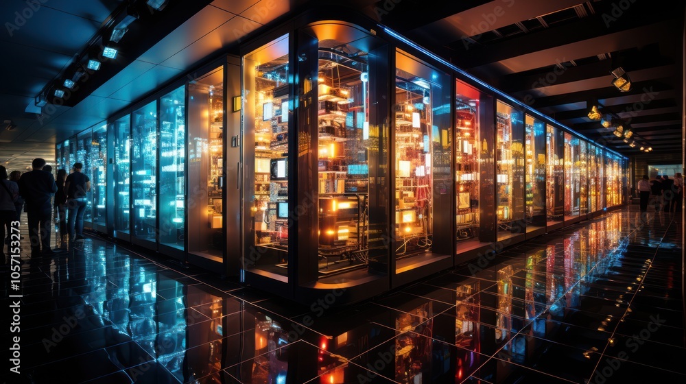 Poster a futuristic data center showcasing illuminated server racks and reflective floors.