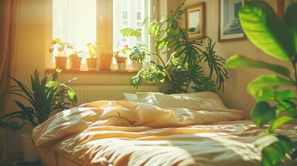 Potted plants in sunny room with poster over bed