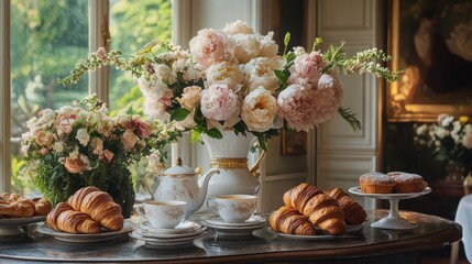 French croissants and pastries arranged on elegant table with coffee and fresh flowers
