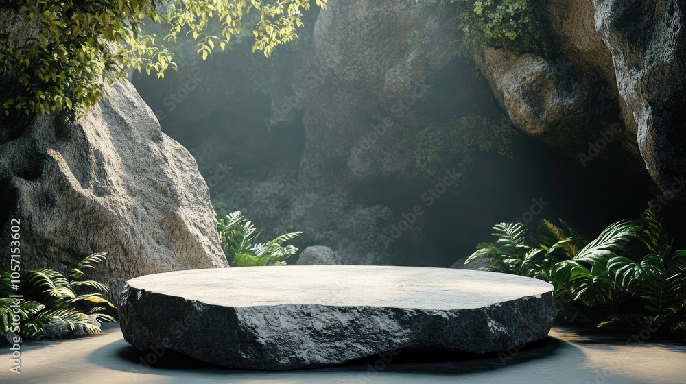 Poster 3d illustration of an empty stone podium in a natural setting designed as a display stage for showca
