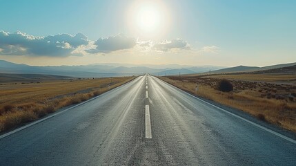 Fototapeta premium Endless Highway with White Directional Lines Stretching Towards the Horizon Under a Bright Sky, Representing Progress, Determination, and the Pursuit of Life Goals and Future Aspirations