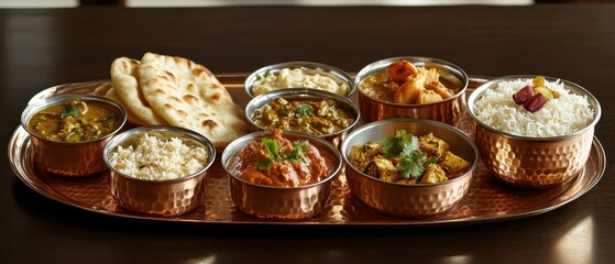 Indian thali with flavorful curries naan rice and vibrant spices in traditional copper dishes