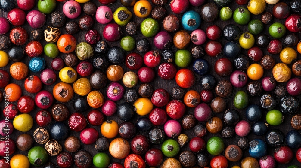 Poster assorted peppercorns in a vibrant array of colors viewed from above