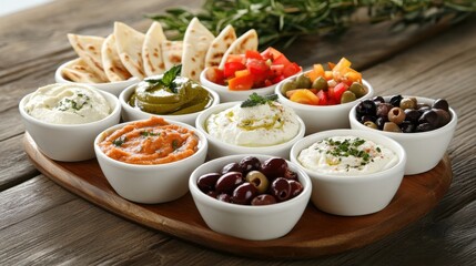 Greek mezze spread with olives pita bread hummus and colorful dips on wooden table