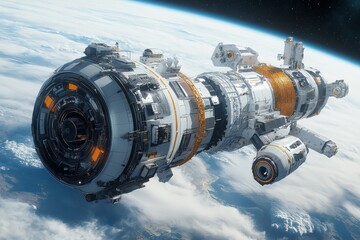 A sleek cylindrical spacecraft soars above Earth, highlighting the potential for human exploration, advanced technology, and engineering achievements in space travel.