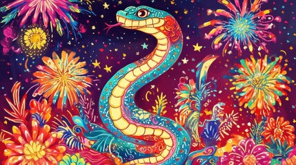 Cartoon image of the Year of the Snake under the New Year fireworks