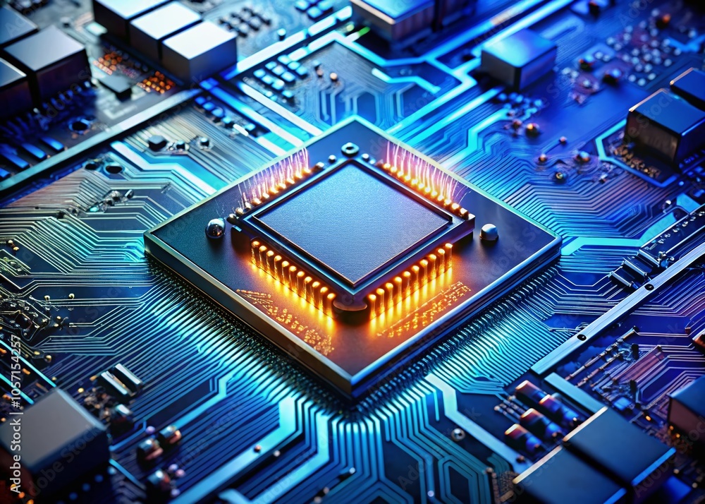 Poster processor on blue circuit board showcasing modern computing and ai technology