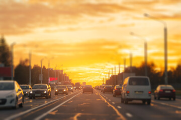 Autumn landscape and view of the road with cars. Orange evening sun and reflections on cars.