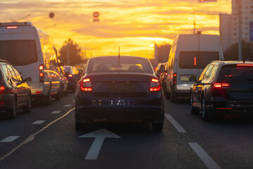Fototapeta premium Autumn landscape and view of the road with cars. Orange evening sun and reflections on cars.