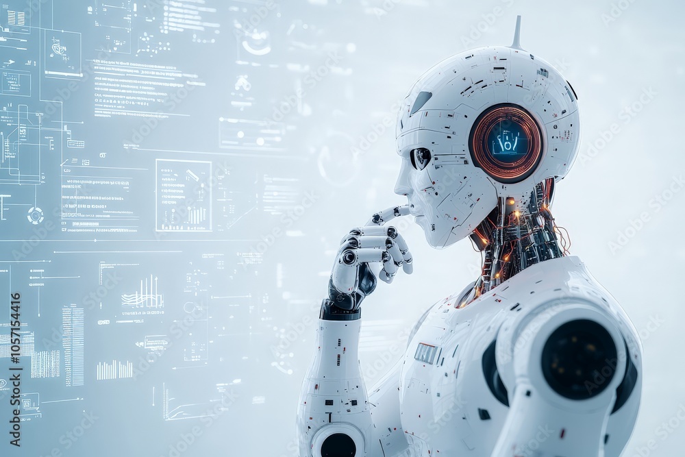 Aufkleber a white humanoid robot contemplating a digital interface filled with data and holograms, symbolizing