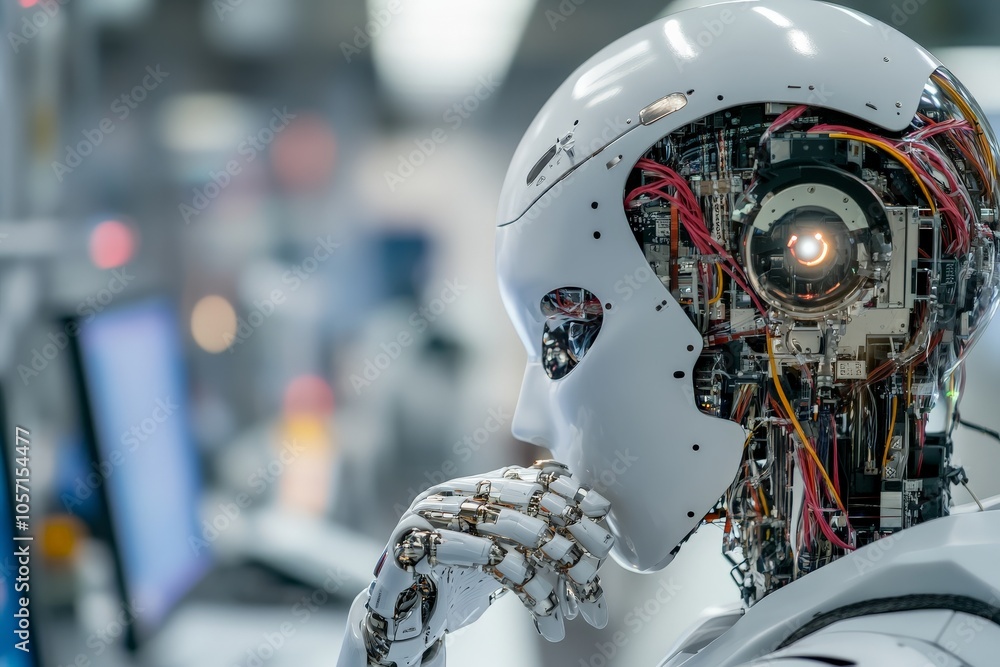 Poster a detailed humanoid robot with visible circuits sits deep in thought, highlighting the fusion of tec