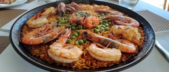 Spanish paella with saffron rice seafood and green peas served in traditional pan
