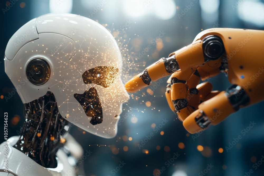 Poster a futuristic robot with a glowing aura being touched by an artificial hand, symbolizing connection b