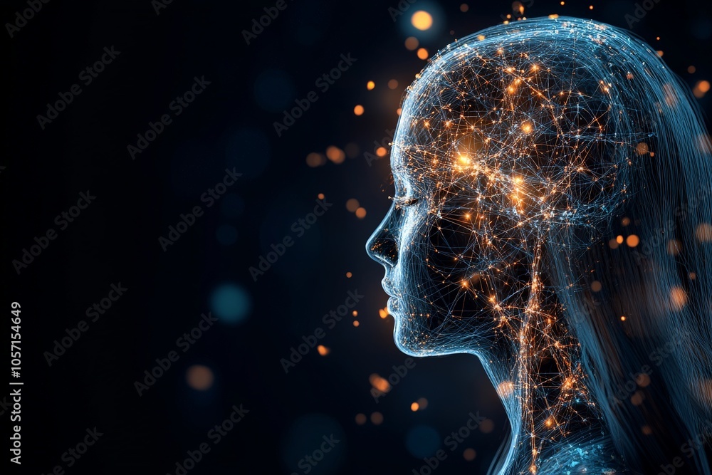 Poster a digital representation of a female profile adorned with glowing neural networks, symbolizing the i