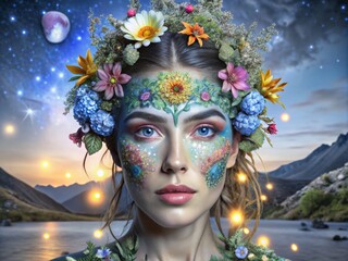 Naklejka premium Psychedelic Night Photography: Surreal Portrait with Vibrant Floral Patterns and Nature's Textures in a Captivating