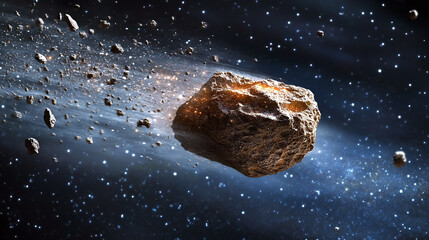 Asteroid Belt in Deep Space with Large Asteroid and Numerous Smaller Rocks
