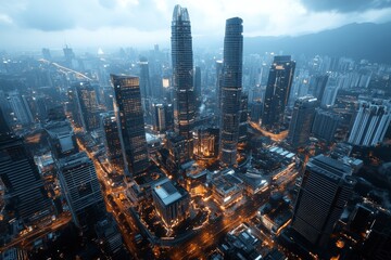 Obraz premium A breathtaking aerial view of a city skyline illuminated by a technological aura, representing the fusion of modern architecture and digital innovation.