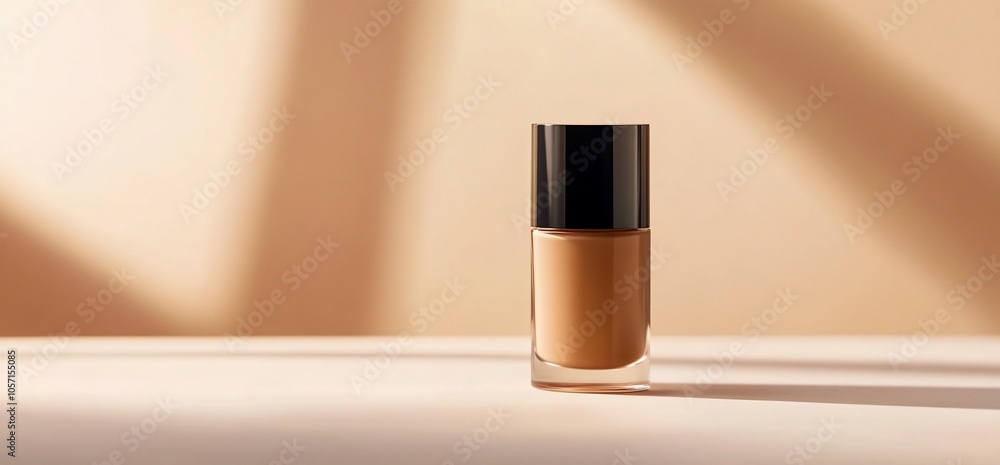 Poster a single bottle of foundation sits on a neutral beige background. the bottle is clear with a black l