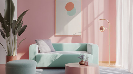 Modern Living Room with Sofa, Abstract Art, and Floor Lamp