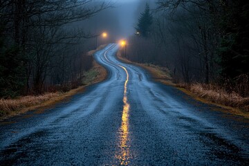 Fototapeta premium Winding Road Through Foggy Forest with Streetlights