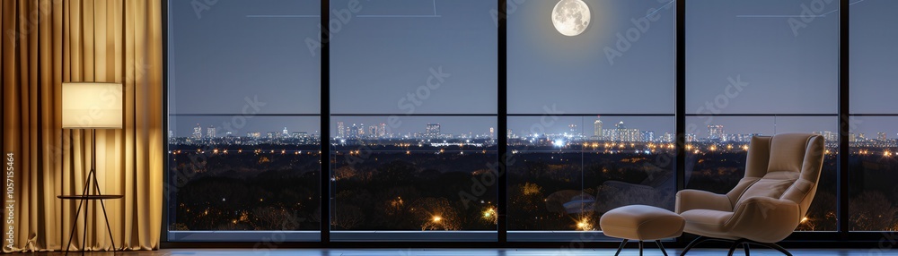 Poster a chair is in front of a window with a view of a city and a full moon