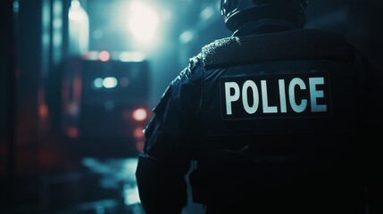 Police officer stands in the dark with a blue vest on