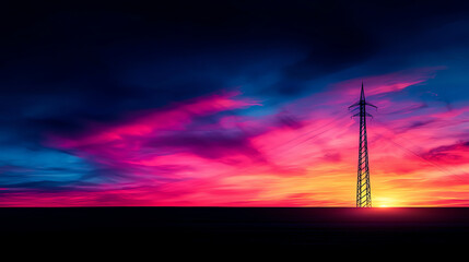 Fototapeta premium Minimalist landscape with a single towering electric turbine under a vibrant sky, emphasizing infrastructure and renewable energy