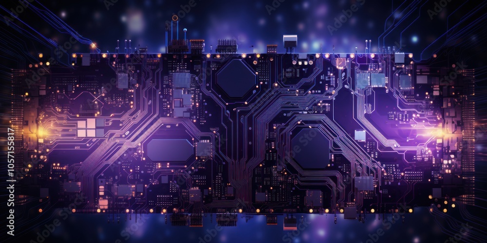 Poster abstract digital circuit board with glowing elements and intricate designs.
