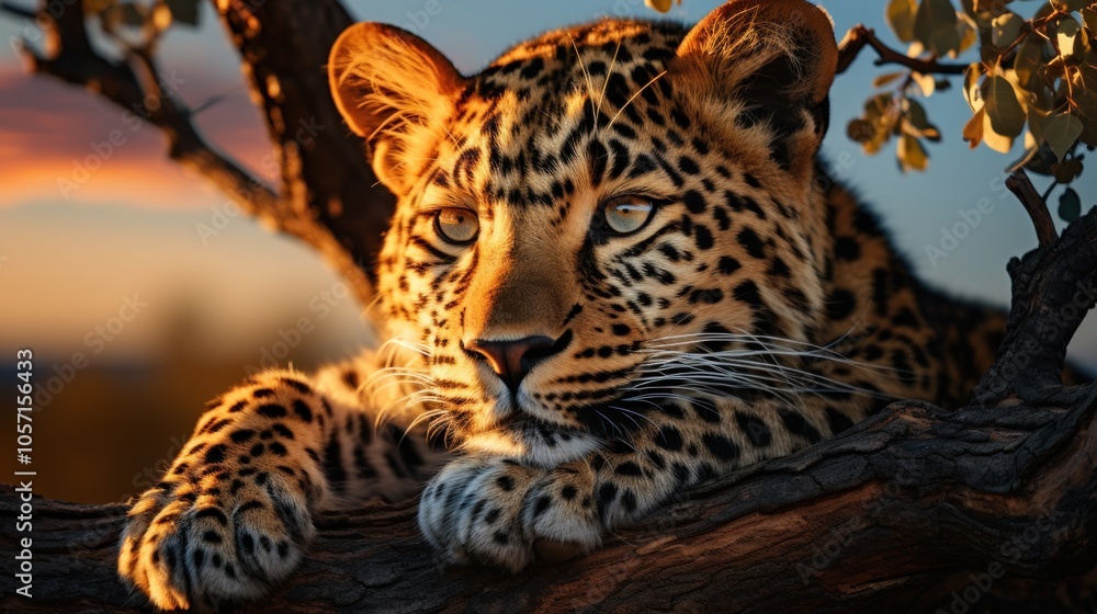 Poster a close-up of a leopard resting on a tree branch during sunset.