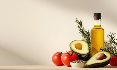 Fresh Ingredients: Avocado, Tomatoes, and Olive Oil for Healthy Cooking