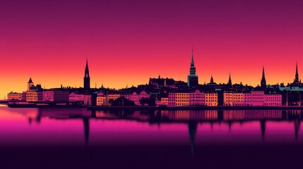 Naklejka premium A city skyline with a pink and purple sky