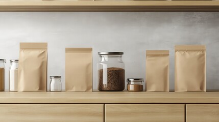A minimalist kitchen shelf displays various paper bags and a glass jar filled with contents, combining rustic charm with organized storage.