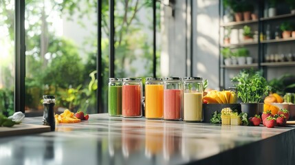 Vibrant fresh smoothies in glass jars on a sunny kitchen counter with green outdoor view