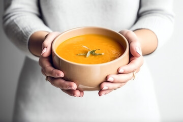 Female hands with bowl of pumpkin soup top view mockup, On grey background. AI Generated	
