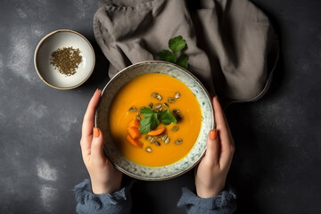 Female hands with bowl of pumpkin soup top view mockup, On grey background. AI Generated	
