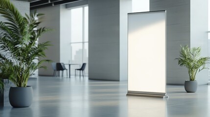 Fototapeta premium A modern interior with greenery, featuring a blank display stand and minimalistic furniture, creating an open and inviting atmosphere.