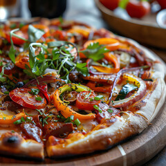 pizza italian food on plate with food on table background, AI Generated	