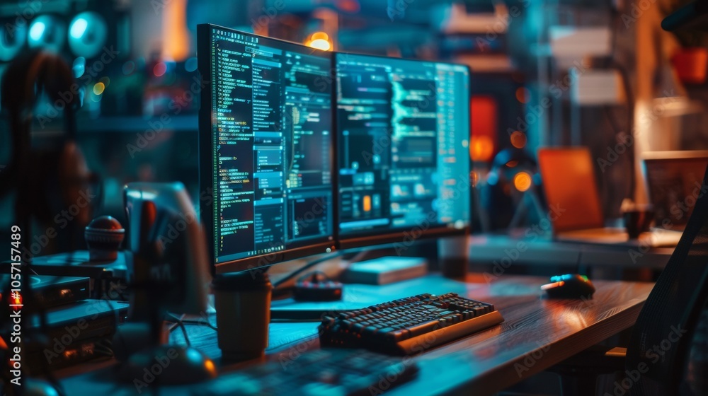 Poster modern coding workstation with dual monitors