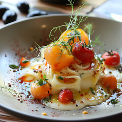 pasta italian food on plate with food on table background, AI Generated	