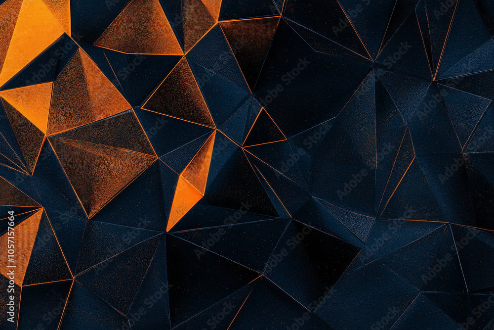 Poster dark abstract polygonal pattern featuring deep blue tones contrasted with bright orange shapes creat